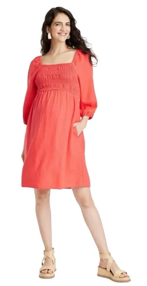 Isabel Maternity Smocked square neck Linen Puff Sleeve Mini Dress Coral NWT XS thumbnail 1