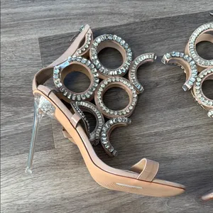 Azelia Wang Tan Stiletto Sandals 9 Nude Embellished PUT A RING ON IT Sexy Heels thumbnail 4