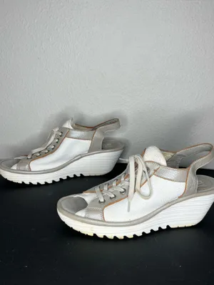 Fly London White & Solver Yedu Lace Up Peep Toe Wedge Sandals Size EU 39 thumbnail 3