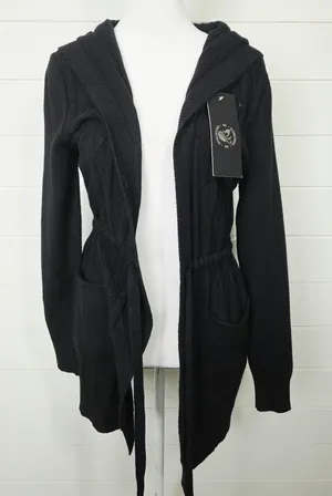 S. Christina Cashmere Black Hooded Open Front Cardigan Sweater S/M thumbnail 1