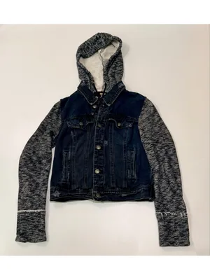 Free People Denim Knit Sleeve Hooded Jacket Distressed Dark Wash h thumbnail 3