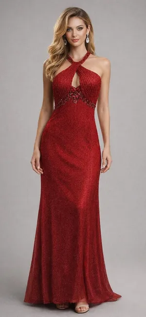 May Queen Couture Red Glitter Beaded Halter Keyhole Evening Gown‎ Dress 10 thumbnail 1