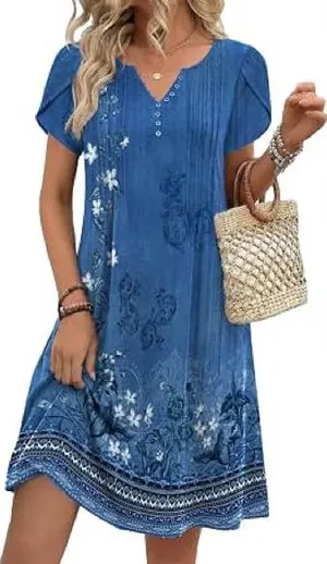 Zeagoo Blue Floral V-Neck A-Line T-Shirt Mini Sun Dress Extra Large thumbnail 1