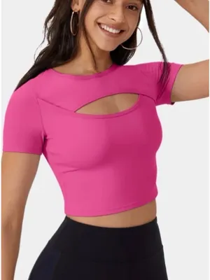 Halara S Softly Zero Hot Pink Short Sleeve Cut-Out Crop Top Size S thumbnail 1