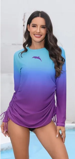 New Halcurt Women's Long Sleeve Rash Guard Swim Shirt with Tie Drawstring UPF 50+ Sun Protection Swimsuit Top thumbnail 1