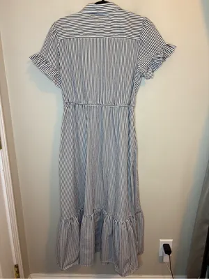 J.Crew Factory 14 Blue White Striped Ruffle Sleeve Midi Shirt Dress CK548 thumbnail 2