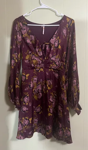 Free People Dress Morning Light Mini Purple Floral Smocked Keyhole Size 6 thumbnail 1