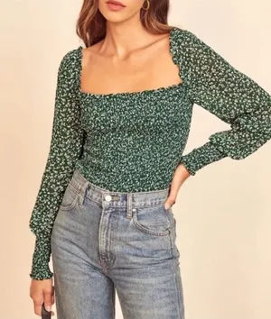 Reformation‎ Womens Size S Pinto Floral Top Green Ditsy Print Smocked Cropped thumbnail 1