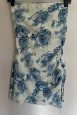 LA Hearts PacSun Blue Rose Floral‎ Ruched Strapless Tube Mini Dress XS thumbnail 1