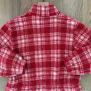 Anthropologie Vintage Collared Fleece Drawstring Waist Jacket Red White Plaid M thumbnail 8