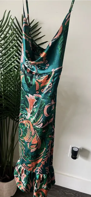 Green Paisley Slip Dress with Ruffle Hem thumbnail 1
