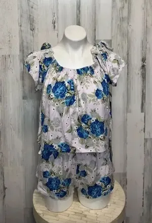 Doff New York Floral Set Small | Blue Rose Ruffle Top & Shorts Lounge Set thumbnail 1