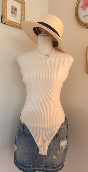 Free People Ribbed Off-Shoulder Bodysuit in Cream thumbnail 1
