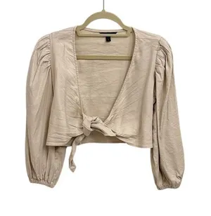 Express Linen Blend Cropped Tie Front Tan Cream Long Puff Sleeve Shirt Size XS thumbnail 1