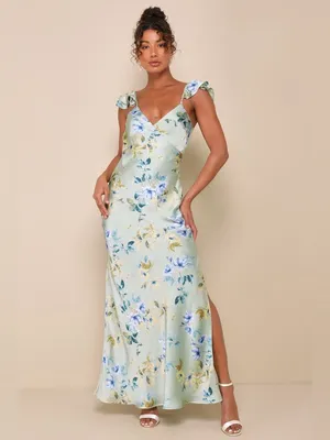 LULU’S Captivating Grace Sage Green Floral Satin Ruffled Maxi Dress thumbnail 6