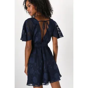 Lulus Flutter Forever Navy Burnout Jacquard Mini Dress Size XS V Neck Feminine thumbnail 2