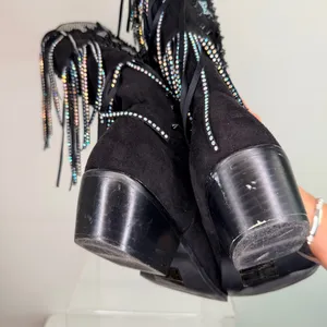 Nasty Gal Black Studded Diamante Suede Cowboy Fringe Boots thumbnail 6