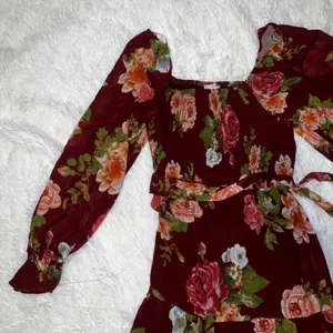 Baltic Born Maroon Floral Long Sleeve Dress with Synching and Mesh Sleeves 3XL thumbnail 1