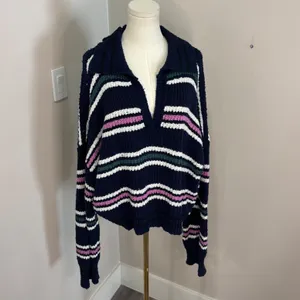 Free People Navy Blue Striped Chunky Knit Polo V-Neck Sweater Large thumbnail 2