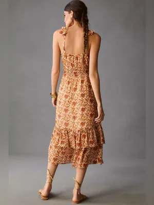 NWT Anthropologie Paige Florencia Silk Midi Dress Medium White & Cinnabar thumbnail 3