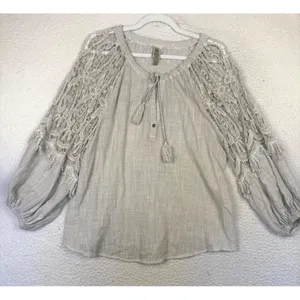 XCVI‎ Blouse Womens XS Beige Crochet Sleeve Tassel Tie Boho Peasant Tunic Top thumbnail 1