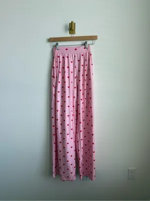 Pink Red Heart Print Matching Pajama Set Button Down Wide Leg Pants Size Medium thumbnail 7