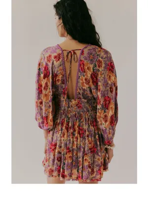 Free People Floral V-Neck Mini Dress in Lavender & Peach thumbnail 6