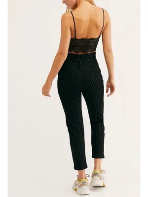 Free People Montella Pinstripe Crop Skinny Pants Black Button Fly size 4 thumbnail 2