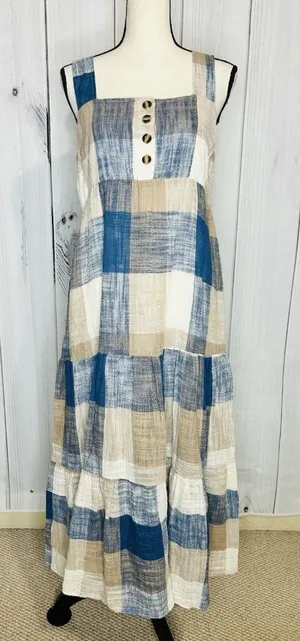 Easel Los Angeles Patchwork Midi Dress Womens Sz L Blue Tan Boho Textured NWT thumbnail 1