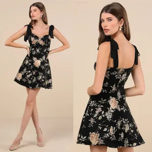 Lulus Exceptional Black Floral Tie Strap Tapestry Mini Dress Women Large New NWT thumbnail 2