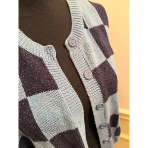 Vintage Liz & Co Checkerboard Knit Cardigan Sweater Blue Y2K Button Up Retro thumbnail 3