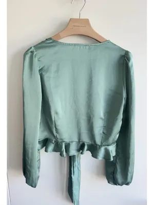 Sage The Label Satin Tie Front Crop Blouse Sage Green Long Sleeve Size L thumbnail 2