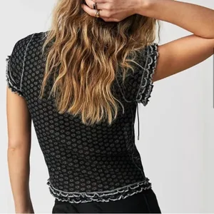 Free People Sheer Mesh Garner Floral Baby Tee Size Large Black thumbnail 3