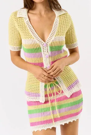 Blue Blush Crochet Knit Stripe Skirt Set | Pastel Rainbow Two-Piece Cover Up Set thumbnail 1