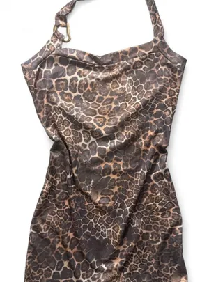 Leopard animal print halter top mini dress with gold detail thumbnail 1