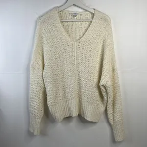 Time and Tru Large L 12-14 Tape Yarn Sweater Cream V-Neck Open Knit Pullover thumbnail 3