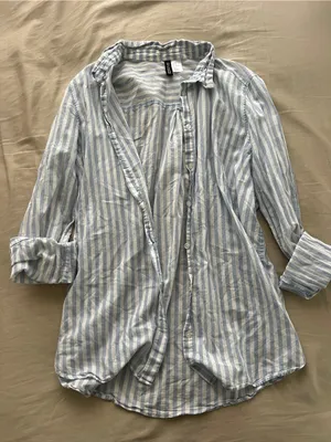 H&M Light Blue and White Striped Button-Down Shirt thumbnail 1