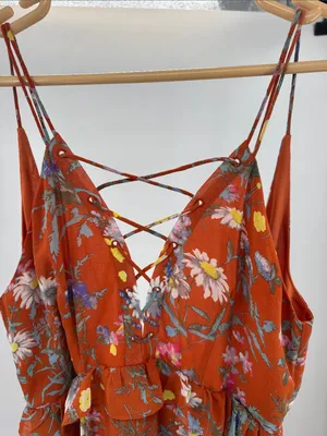 Women's Maxi floral Dress Burnt Orange open back M lace boho casual ruffle thumbnail 3