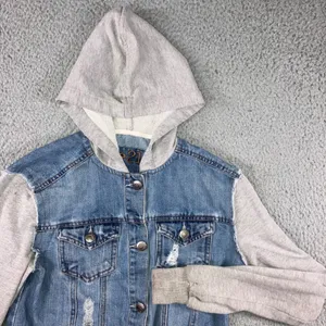 Mixed Media Denim Jacket Women S Blue Distressed Hooded Grunge Punk‎ y2k Stained thumbnail 1