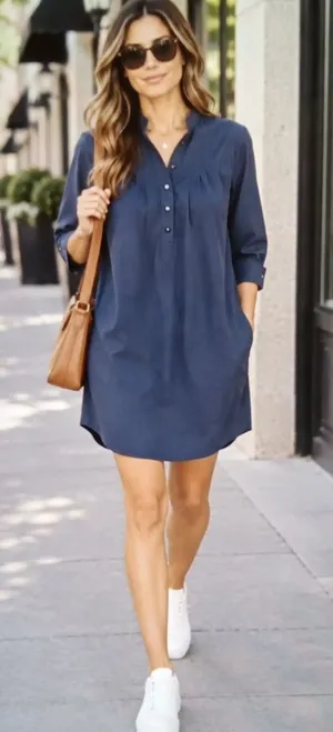 Pomander Place Polly Dress Navy Blue Popover Pockets Coastal Oversized SiZE M thumbnail 1