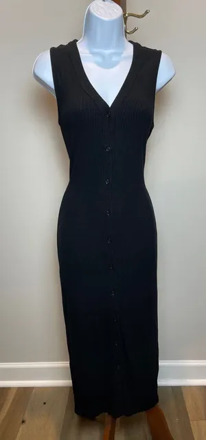 Lulus Bodycon Midi Dress Size L Black Sleeveless Stretchy Button Front thumbnail 1