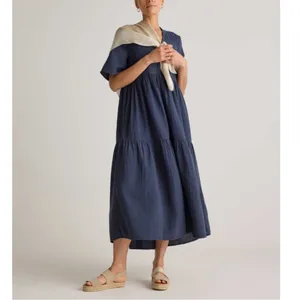 NWT Quince Gauze Split Neck Navy Midi Dress 100% Organic Cotton Tiered Sz XS thumbnail 3