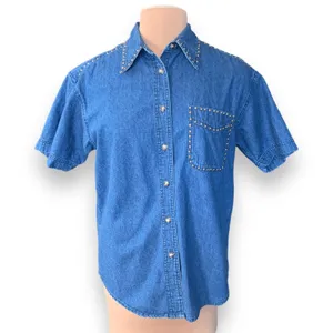 Vintage Studded Denim Western Shirt Medium Blue 90s Boho Festival‎ Cowgirl Top thumbnail 3