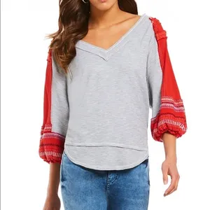 We the Free People Red embroidered Bubble‎ Sleeve Gray Shirt XS thumbnail 2