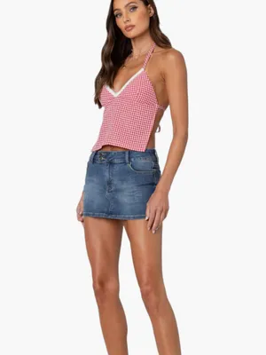 Edikted Charmaine Open Back Gingham Halter Top Red White Small NEW $31 thumbnail 5