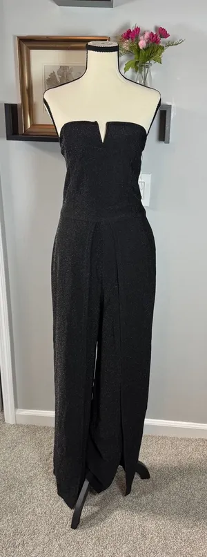 No Boundaries Glam Party Sexy Strapless Jumpsuit Wide Leg Slit L 12-14 Metallic thumbnail 1