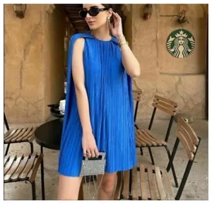 Zara Bright Blue Pleated Cape-Back Mini Dress thumbnail 5