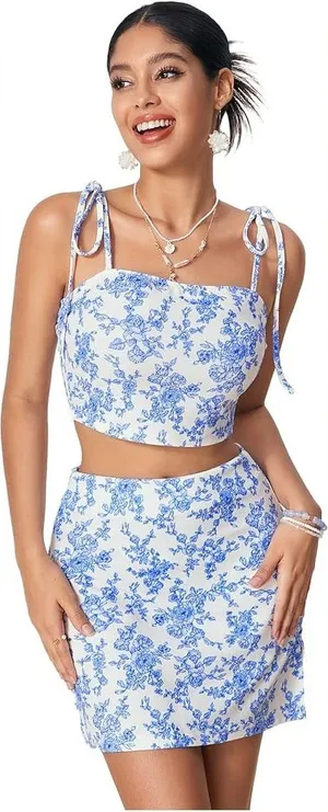 WDIRARA Blue White Floral 2 Piece Tie Strap Crop Top Mini Skirt Set Small thumbnail 1