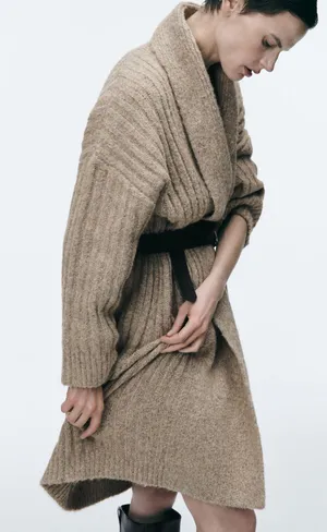 ZARA Tan Ribbed Knit Long Coat Cardigan Jacket thumbnail 6