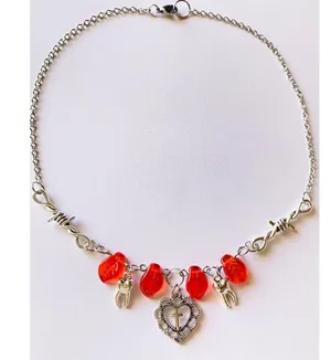goth punk grunge style heart cross & teeth& red Czech glass leaf necklace💀🌹✝️🦷 thumbnail 3